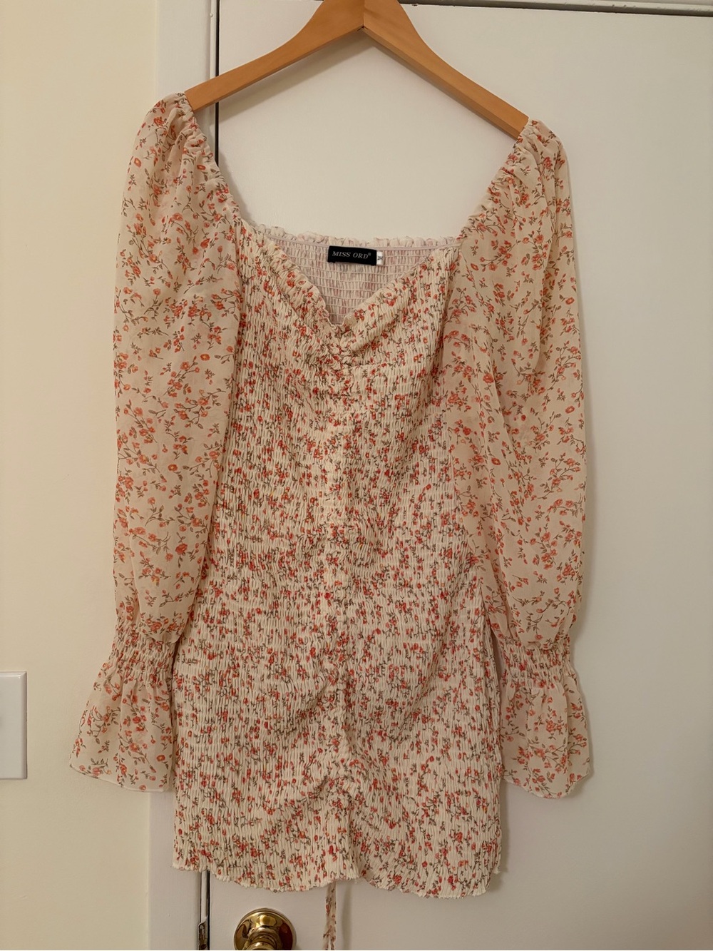 Cream Floral Smocked Mini Dress with Rust Floral Print